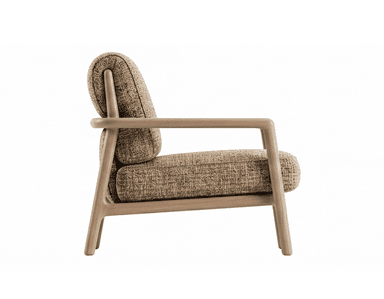 A modern upholstered lounge chair featuring a sturdy exposed frame made of light-toned wood, likely oak or ash. The chair is upholstered in a highly textured, multi-tonal fabric, predominantly in shades of brown and beige, giving it a tactile and cozy appearance. It has a boxy yet comfortable silhouette with generously padded seat and back cushions, and integrated armrests with rounded edges. — 3D model