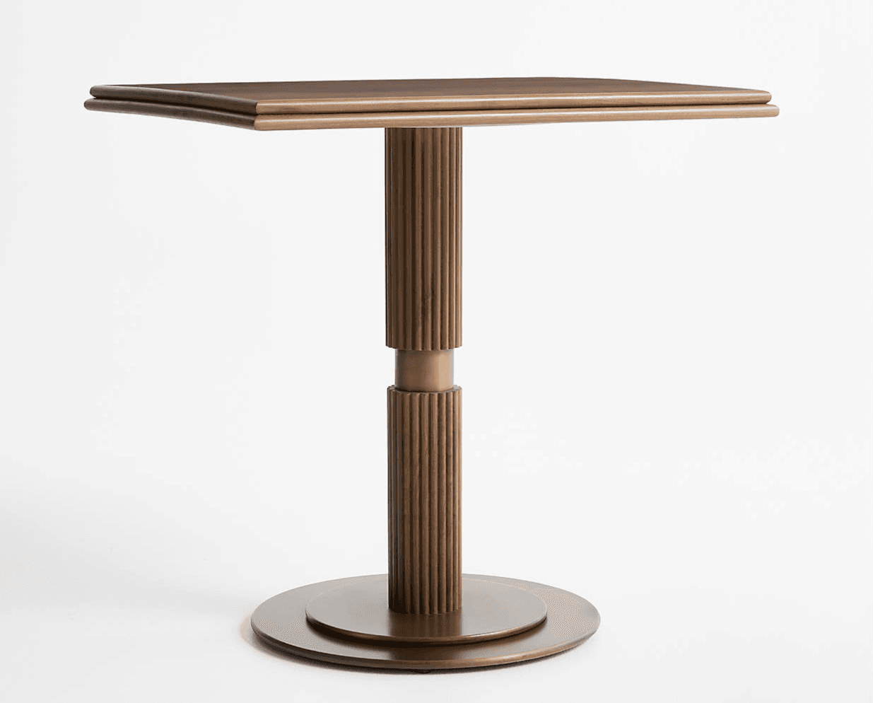A side table with a rectangular top and a single fluted pedestal base. The top appears to be constructed from wood with a rounded edge detail. The pedestal features vertically fluted sections separated by a central metallic band. The base is circular and tiered. — 3D model