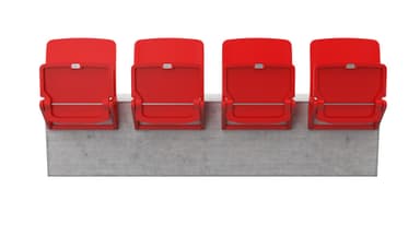 A rendering of a set of four modern, red, wall-mounted stadium chairs, each designed with a foldable seat mechanism. The chairs are individually numbered '001' through '004' on their upper backrests and are attached to a textured concrete wall or riser. Each chair features a bright red plastic backrest and a contoured, foldable plastic seat, supported by a robust metal frame, suggesting durability for public use. — 3D model