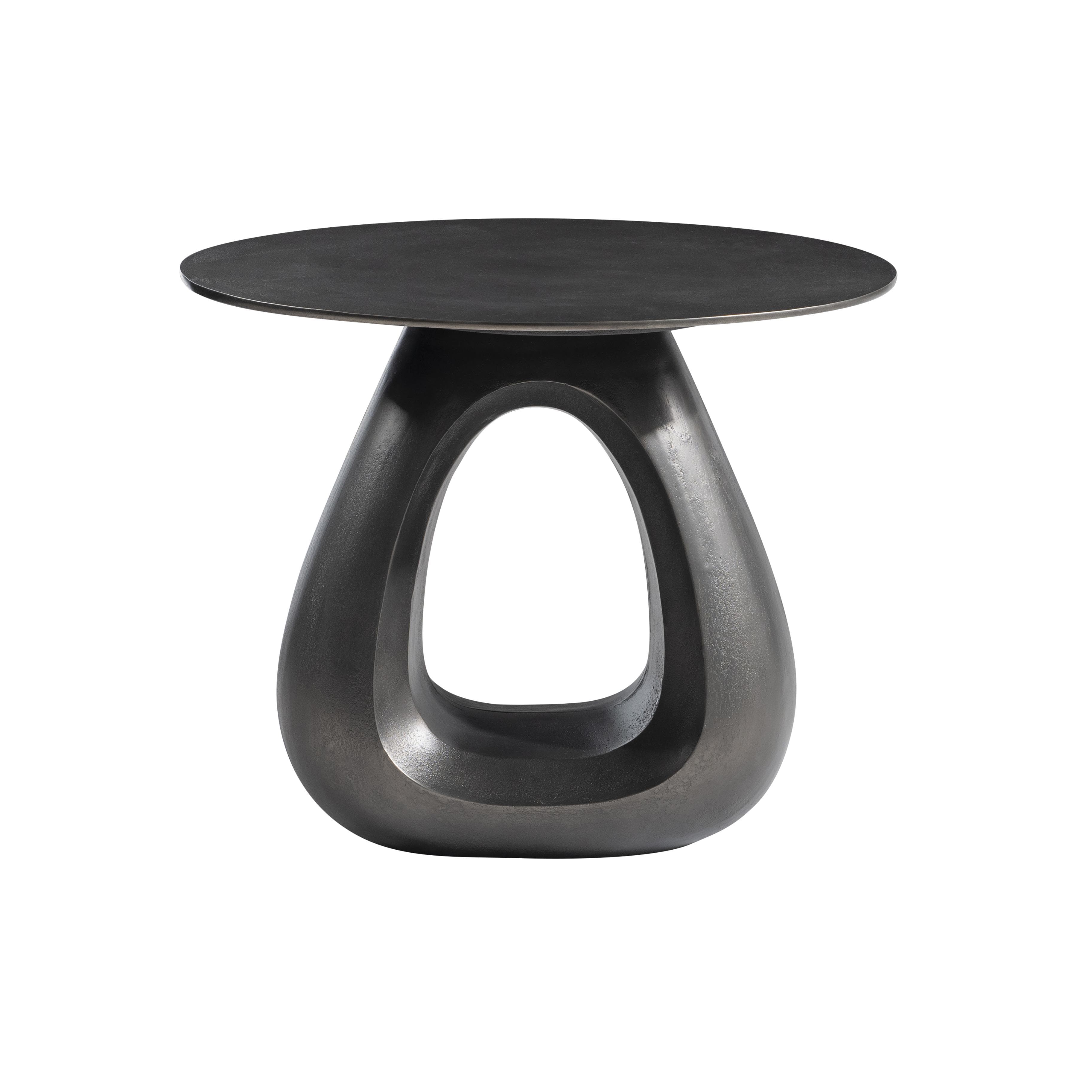 A contemporary end table with a circular top and a sculptural, abstract base. The base features a large, rounded opening, resembling an hourglass or a fluid shape, creating an open and airy aesthetic. The overall design is modern and artistic. — 3D model
