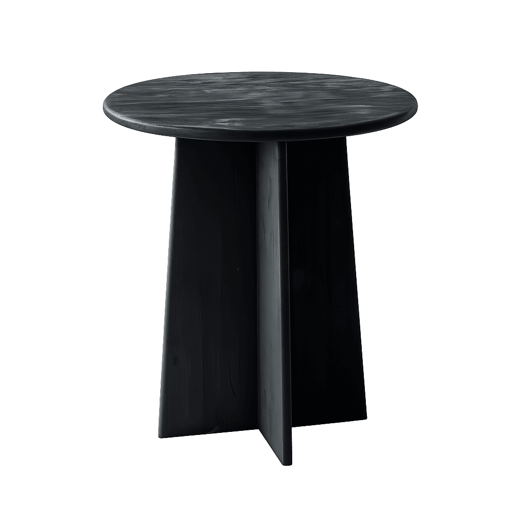 A dark-colored side table with a round top and a striking geometric base. The base consists of four angled, flat panels that intersect to form a stable structure. The tabletop has a marbled or textured finish, while the base appears to be constructed from wood with visible grain. — 3D model