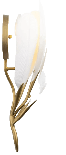 A decorative wall sconce designed to resemble a cluster of stylized feathers or leaves. The main body features multiple white, elongated elements with textured lines, possibly made of frosted glass or plastic, fanning outwards from a central golden stem structure. The stem is multi-branched, with a curved, organic form. The sconce appears to be designed for illumination, with internal light sources likely situated behind the white elements. — 3D model