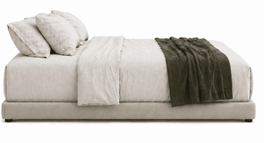 A low-profile upholstered bed frame with a headboard composed of three pillows and bedding. A folded blanket is draped across the foot of the bed. — 3D model