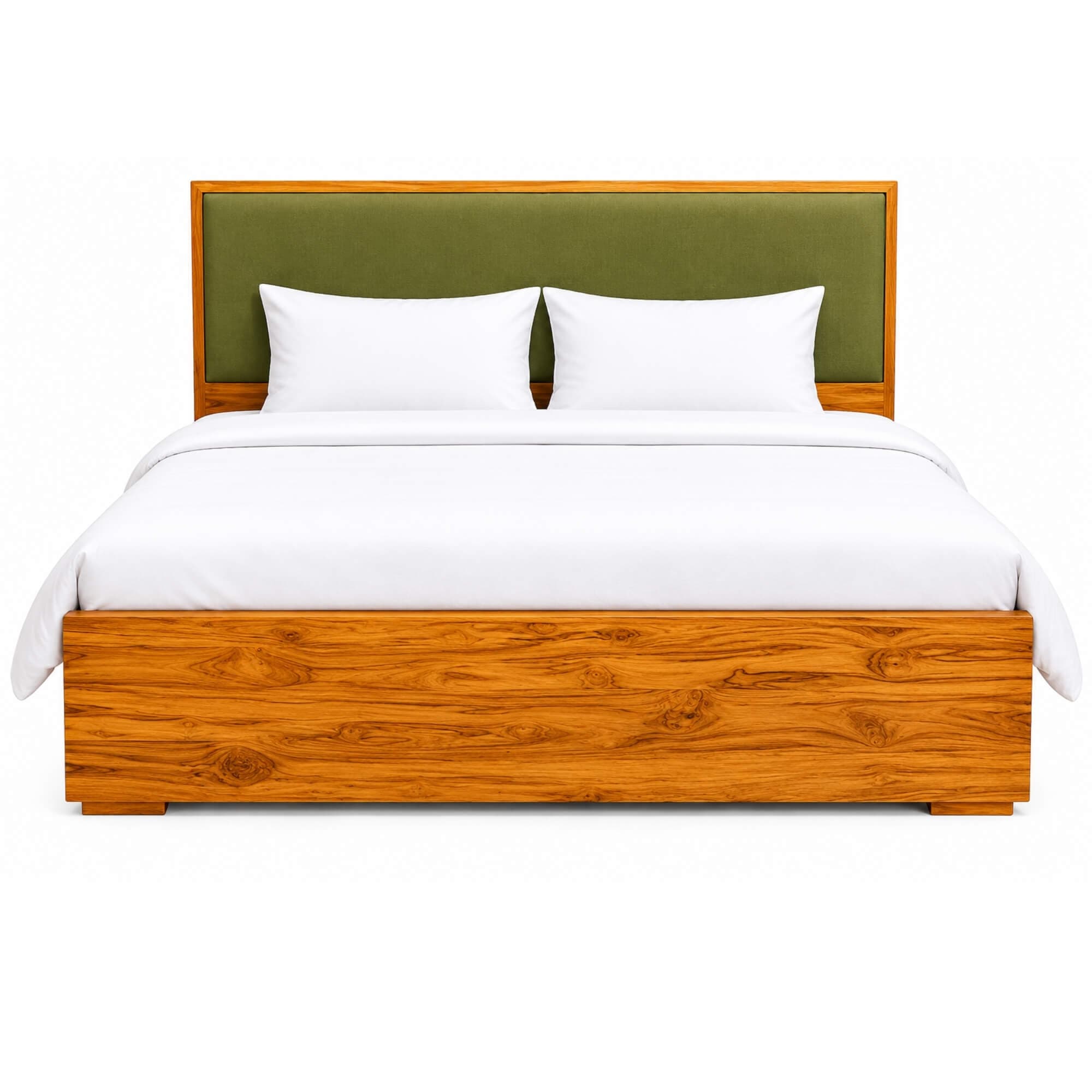 A modern platform bed featuring a substantial wooden frame with prominent grain and an integrated headboard upholstered in a deep green fabric. The bed is prepared with white bedding and two matching white pillows, presented against a clean white background. — 3D model