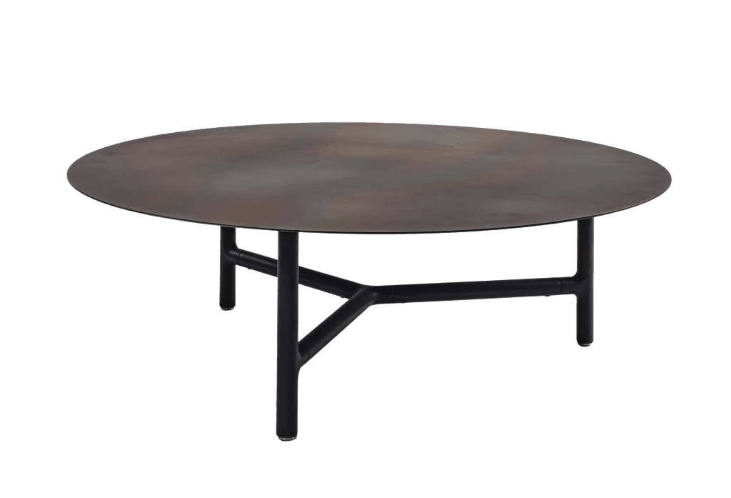 A round coffee table with a metal top featuring a patinated, iridescent finish and a black metal base with a tri-leg structure. — 3D model