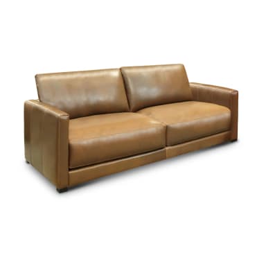 A contemporary style sofa upholstered in brown leather. It features a low profile with square arms and two seat cushions and two back cushions. The sofa has a clean, minimalist design. — 3D model