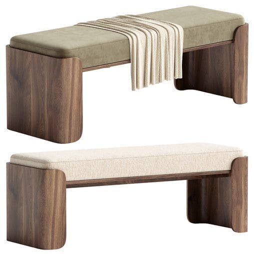 A modern upholstered bench featuring a rectangular, cream-colored fabric cushion supported by a dark, rich wood frame. The frame forms solid, curved legs at each end, creating a clean, minimalist aesthetic with a waterfall edge design. — 3D model