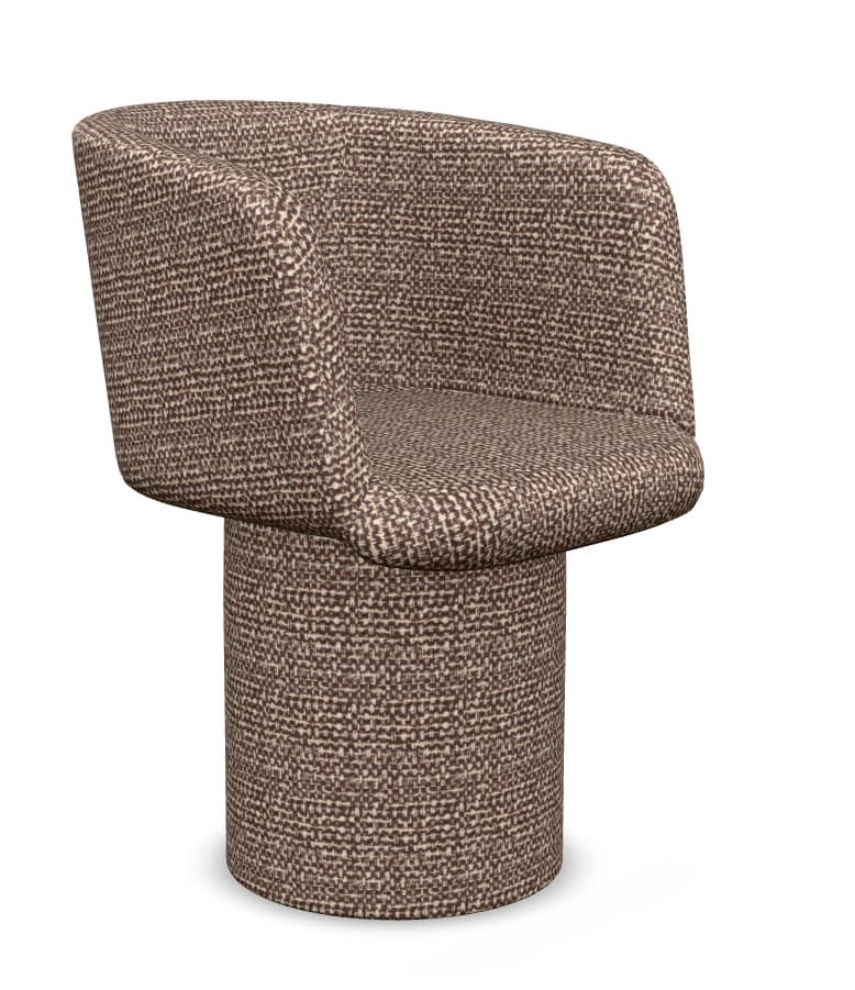 An upholstered lounge chair featuring a curved, integrated seat and backrest with a substantial cylindrical drum base, all covered in a textured, brown and beige fabric. — 3D model