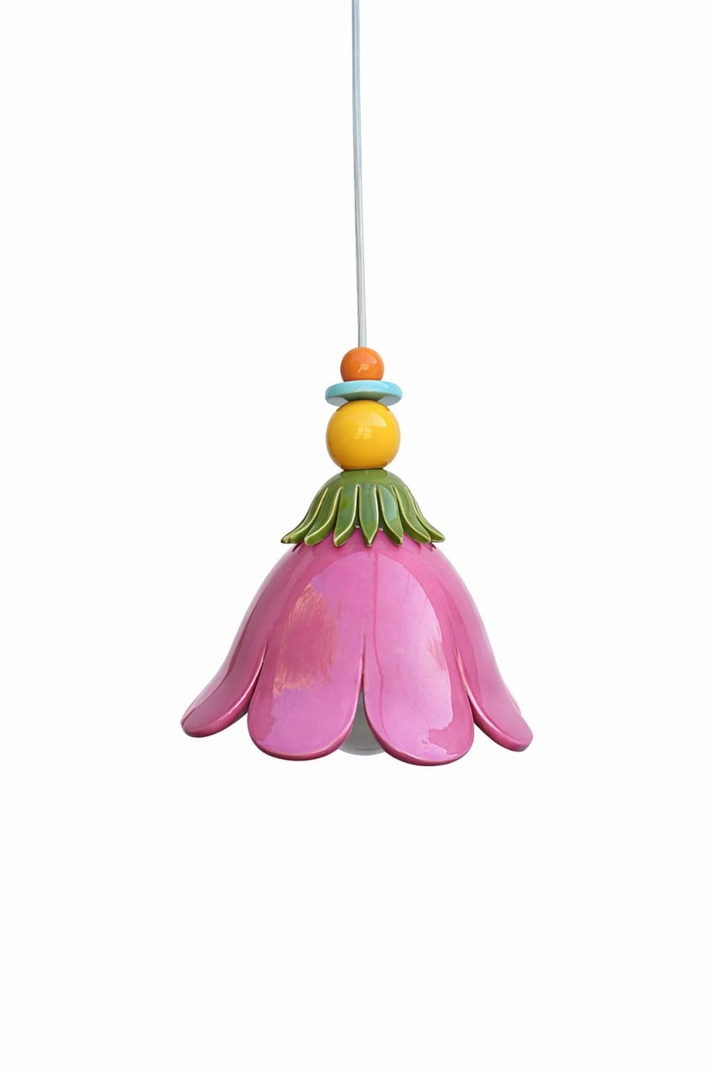 A whimsical pendant light featuring a flower-shaped ceramic shade in a vibrant pink hue, accented by green ceramic sepals. The top of the fixture is adorned with stacked, colorful spherical and disc-shaped beads in yellow, orange, and light blue, connected to a suspension cord. The design is playful and sculptural, with a glossy finish on all ceramic components. — 3D model