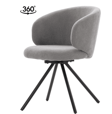 A modern upholstered armchair featuring a rounded, bucket-style seat and integrated armrests, covered in grey, textured fabric. It is supported by a black metal four-leg swivel base with splayed, slender legs. — 3D model
