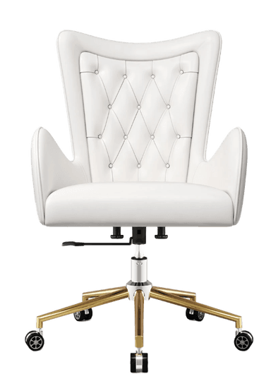 A white tufted desk chair with a high back and armrests, featuring a chrome and gold five-star base with casters. The seat and back are upholstered and appear to be button-tufted in a diamond pattern. It has a lever mechanism for height adjustment. — 3D model