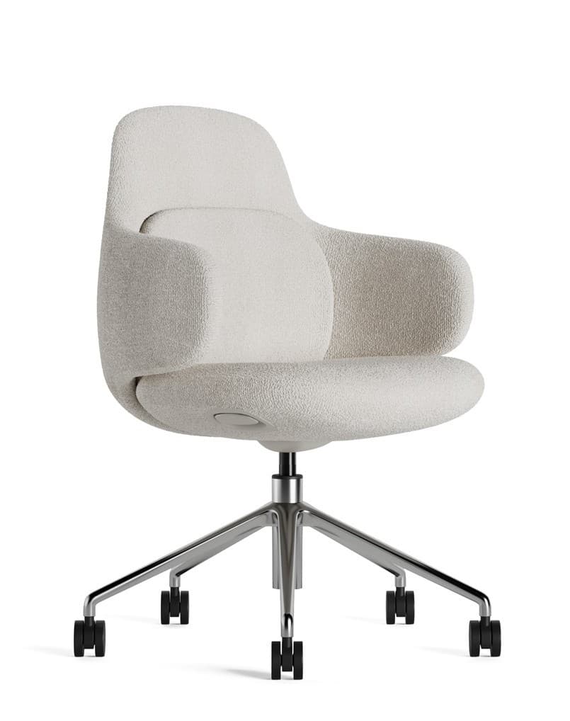 A modern, light beige upholstered office chair with a textured fabric, featuring a contoured shell and a polished metal five-star swivel base with casters. — 3D model