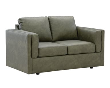 A contemporary two-seater loveseat upholstered in a distressed olive green or grey fabric, featuring a textured, slightly worn appearance. It has clean, square track arms and a boxy silhouette. The seating area consists of two individual seat cushions and two rectangular back cushions, providing defined support. The base is simple, with minimal, recessed dark feet, contributing to a modern, grounded aesthetic. — 3D model