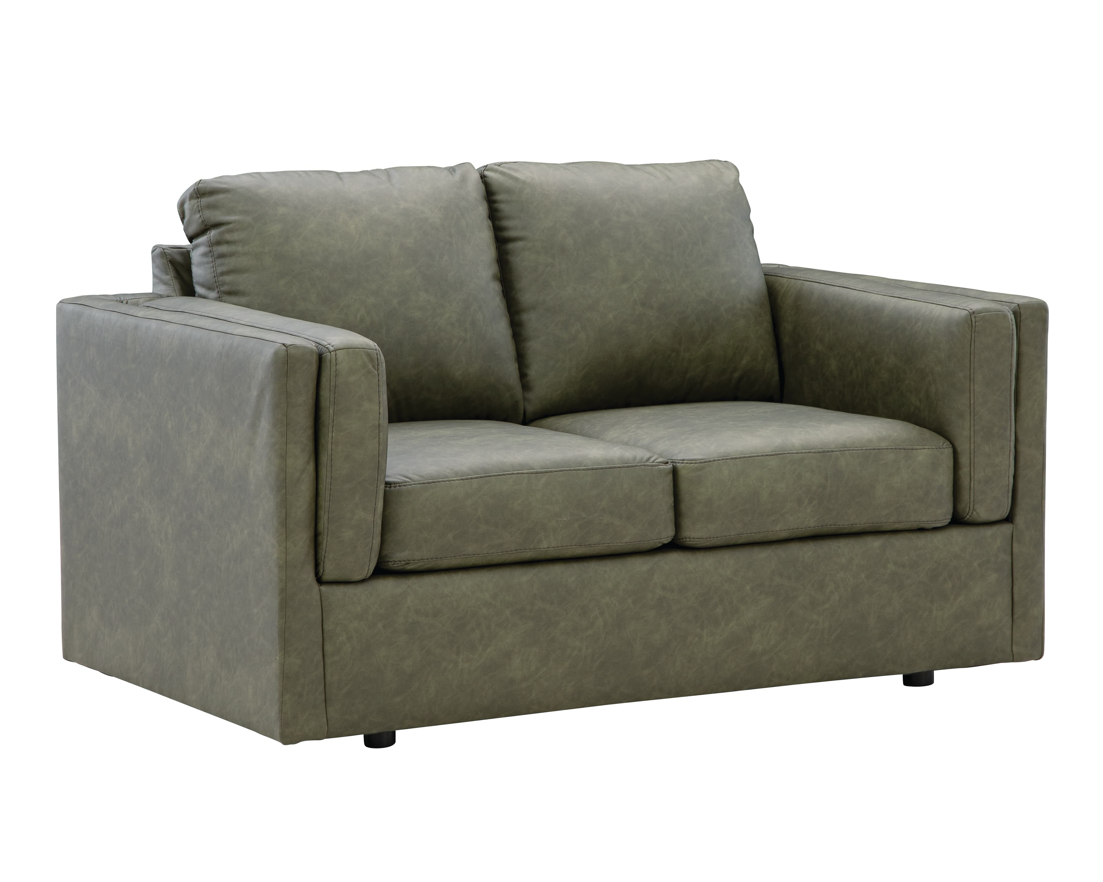 A contemporary two-seater loveseat upholstered in a distressed olive green or grey fabric, featuring a textured, slightly worn appearance. It has clean, square track arms and a boxy silhouette. The seating area consists of two individual seat cushions and two rectangular back cushions, providing defined support. The base is simple, with minimal, recessed dark feet, contributing to a modern, grounded aesthetic. — 3D model