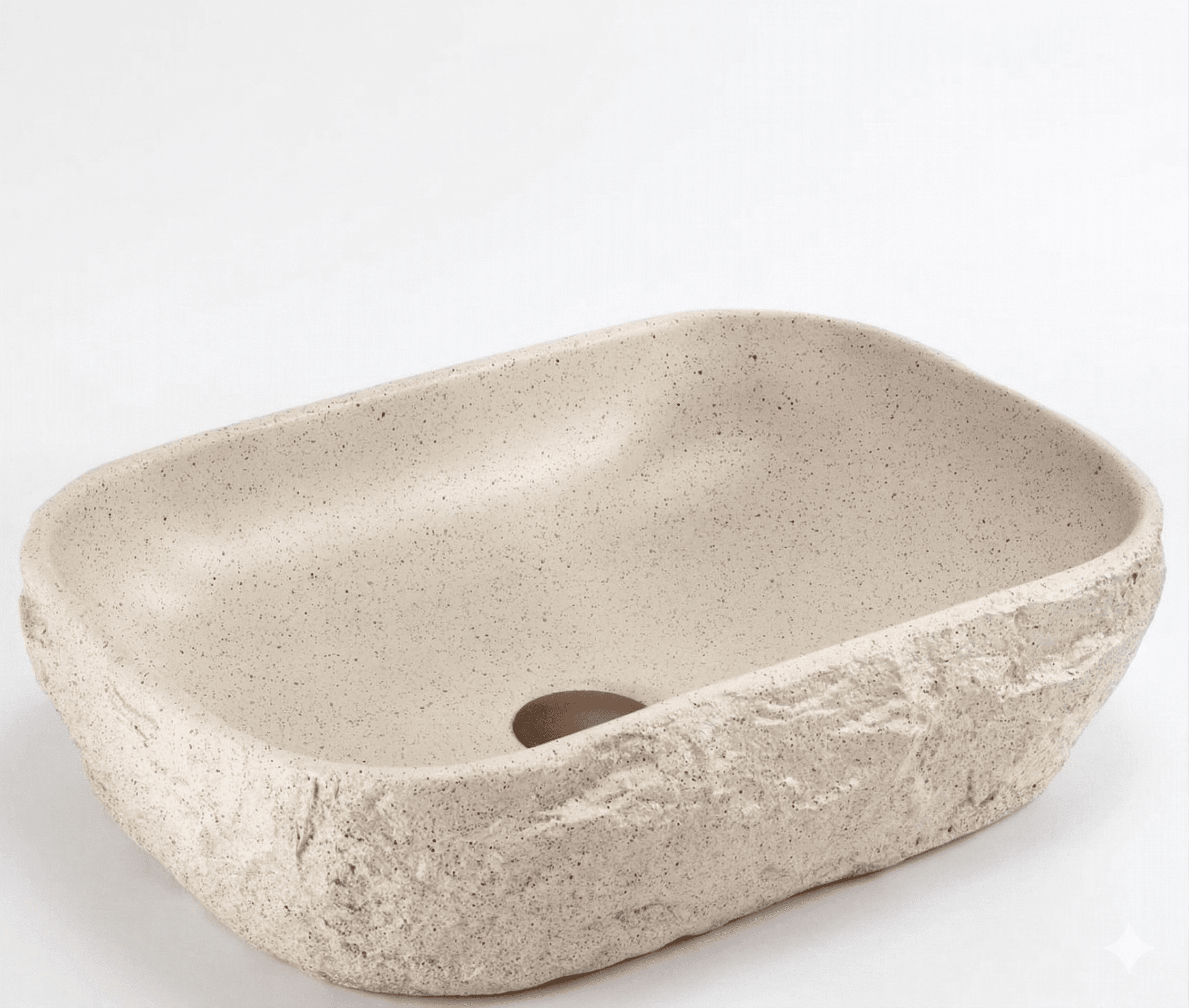 A rectangular vessel sink with a rough, stone-like exterior texture. The interior basin is smooth and features a central drain hole. The overall form is irregular and organic, resembling a natural rock formation. It is displayed against a plain white background. — 3D model