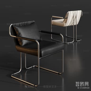 A modern armchair featuring a tubular metal frame and black leather upholstery. It has a distinctive cantilever base and padded armrests, with a separate back cushion. — 3D model