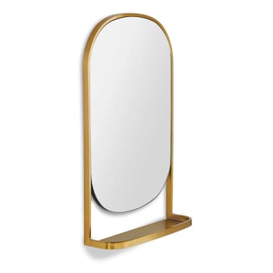 A tall, rectangular wall mirror featuring an arched top and a slender, polished gold-toned metal frame. The mirror glass itself has rounded top corners and a distinct curved lower edge, not extending to the full width of the frame's base. An integrated, shallow metal shelf is positioned at the bottom of the frame, creating a minimalist yet functional design. — 3D model