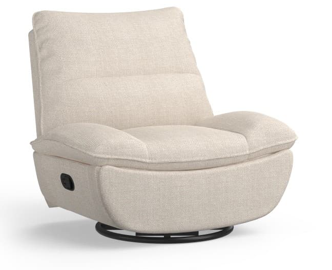 A modern armchair with a swivel base, upholstered in a textured light-colored fabric. It features plush cushioning on the backrest, seat, and armrests, with visible stitching lines indicating segmented padding. A small black lever is present on the side of the seat base, likely for reclining or swiveling functionality. — 3D model