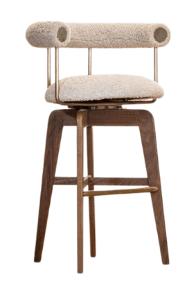 A contemporary swivel bar stool featuring a solid walnut wood frame, a round upholstered seat, and a distinctive tubular backrest, both covered in a cream-colored boucle fabric. The stool incorporates brass accents, including the thin support rods for the backrest and a horizontal footrest. The splayed legs contribute to a stable and stylish base. — 3D model