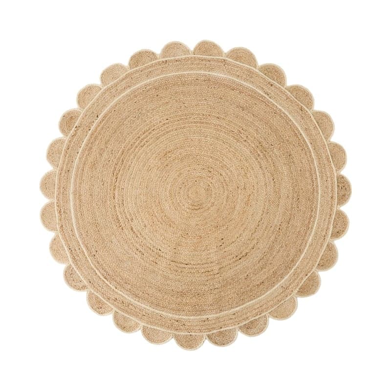 A circular rug with a braided texture and a scalloped edge. The rug features concentric circular patterns formed by the weave. A thin, lighter colored trim delineates the inner circular patterns and the outer scalloped edge. — 3D model