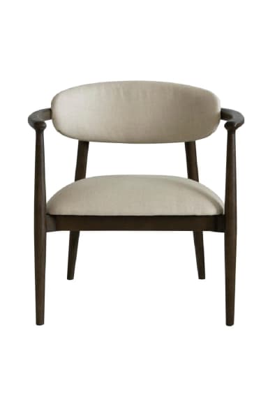 A upholstered armchair with a wooden frame. The chair features a curved backrest and a seat cushion, both upholstered in a light-colored fabric. The frame is constructed from dark-stained wood with tapered legs and curved armrests. — 3D model