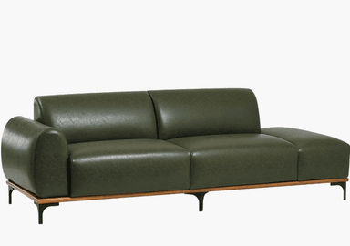 A contemporary sectional sofa featuring dark green leather upholstery, a single rounded armrest, and an integrated chaise lounge section. It sits on an exposed wooden frame supported by slender black metal stiletto legs. — 3D model
