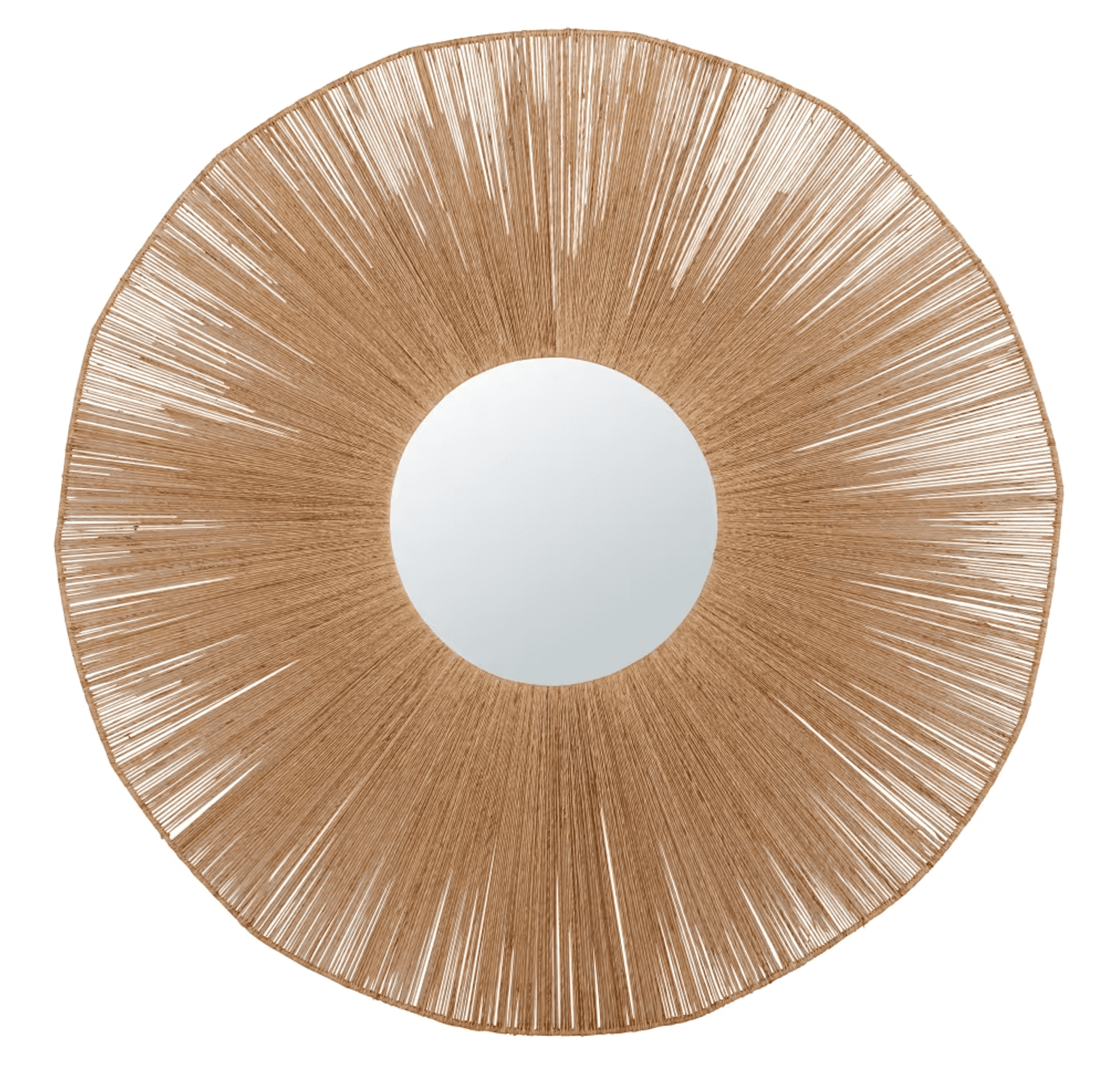 A circular wall mirror characterized by a prominent sunburst frame crafted from natural jute or similar woven fibers, radiating outwards from the central reflective glass surface. The fibrous frame creates a textured, organic aesthetic. — 3D model
