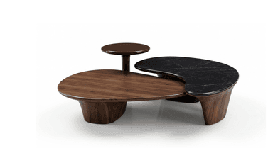 A three-piece organic modern coffee table set featuring a combination of rich walnut wood and dark marble tops, with fluid, sculptural bases. — 3D model