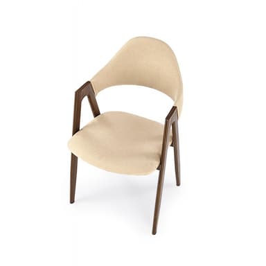 A modern armchair with a curved back and seat, upholstered in a textured light beige fabric. The frame consists of slender, dark-colored legs and arms, suggesting a minimalist design aesthetic. The chair is presented against a plain white background. — 3D model