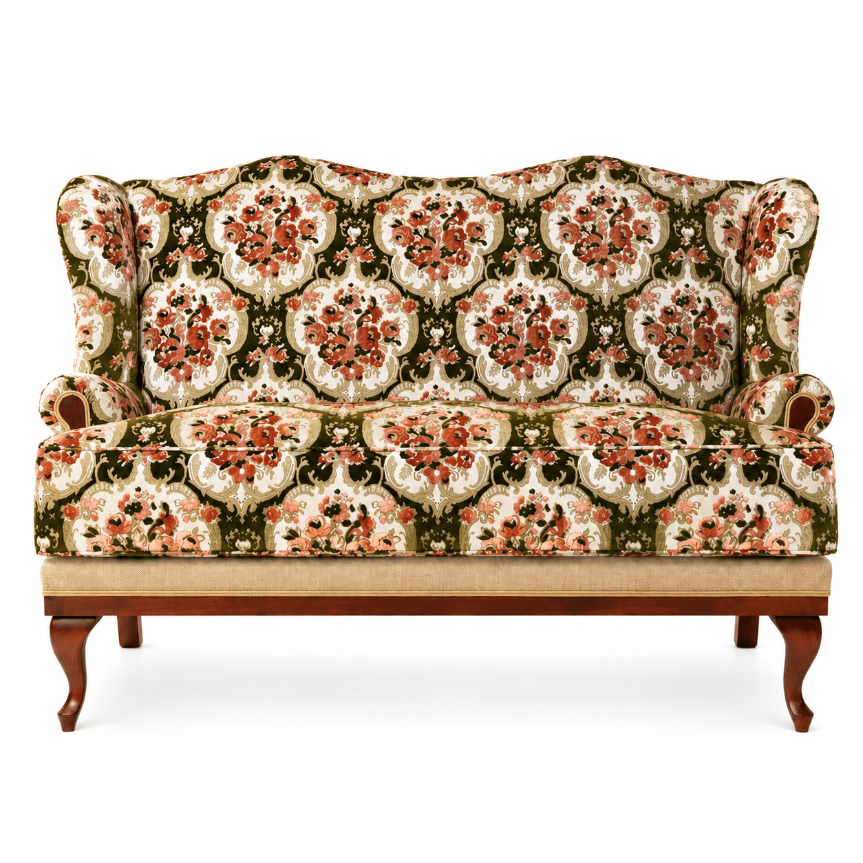 A traditional Victorian-style settee featuring an elaborate floral and damask upholstery pattern. The sofa has a high, scalloped backrest, rolled arms with exposed wooden accents, and ornate cabriole legs. The upholstery is a rich tapestry with shades of green, red, gold, and beige, set against a dark background. — 3D model