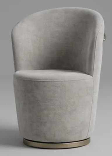 A fully upholstered contemporary armchair with a rounded backrest and integrated armrests, featuring a deep, comfortable seat and resting on a subtle metallic swivel base. — 3D model