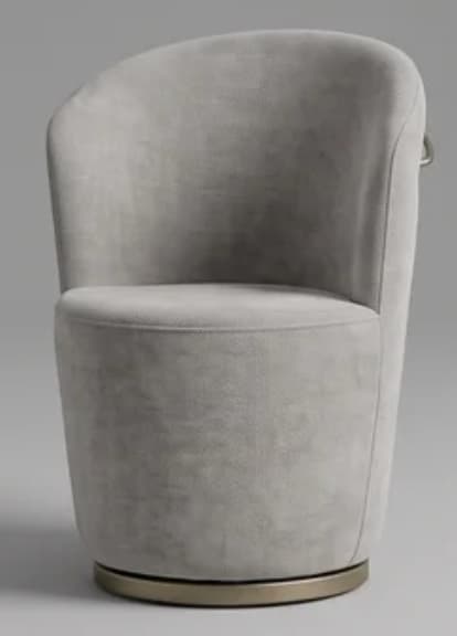 A fully upholstered contemporary armchair with a rounded backrest and integrated armrests, featuring a deep, comfortable seat and resting on a subtle metallic swivel base. — 3D model