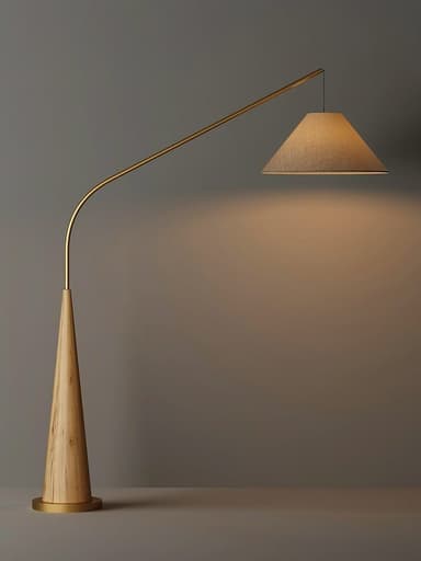 A modern arched floor lamp featuring a prominent tapered conical wooden base, a slender brass-finished metal arc arm, and a conical fabric lampshade. The design combines natural wood textures with metallic accents for a contemporary aesthetic. — 3D model