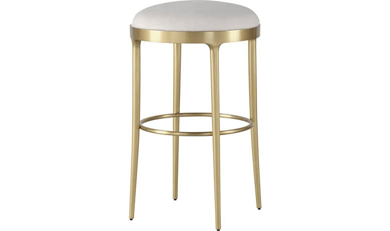 A contemporary bar stool with a circular, upholstered seat and a slender, metallic frame. The frame consists of four angled legs connected by a circular footrest ring. The seat is plush and appears to be made of a soft fabric. — 3D model