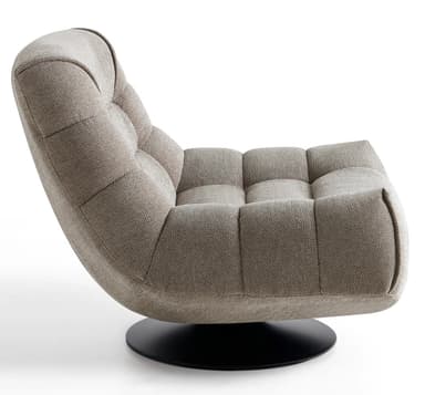 A contemporary upholstered swivel lounge chair featuring a deeply cushioned, rounded form in a neutral textured fabric, supported by a circular black disc base. — 3D model