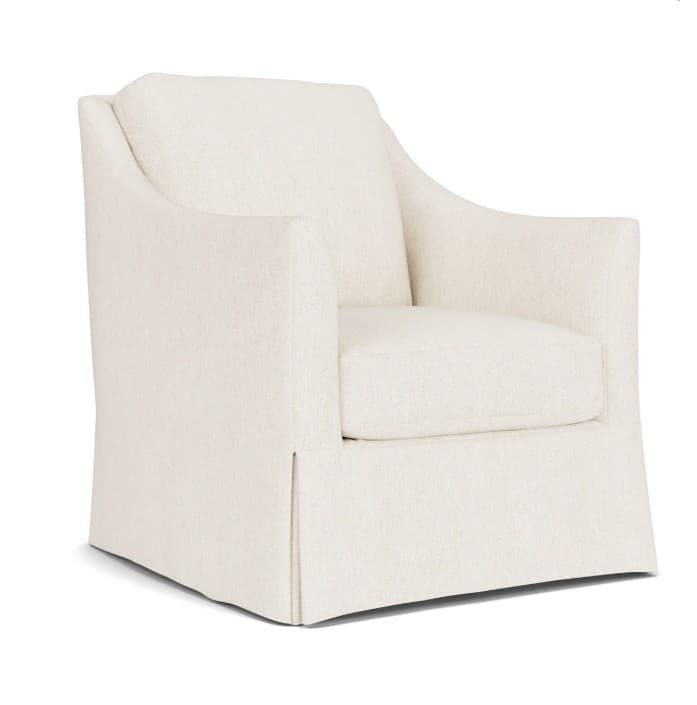 A cream-colored armchair with a skirted base and upholstered finish. The armchair features a high back and slightly flared armrests. The fabric appears to have a textured weave. — 3D model