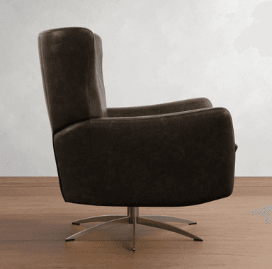 A dark brown leather armchair with a high back and integrated armrests. The chair is mounted on a brushed metal swivel base with four splayed legs, providing a rotational capability. — 3D model