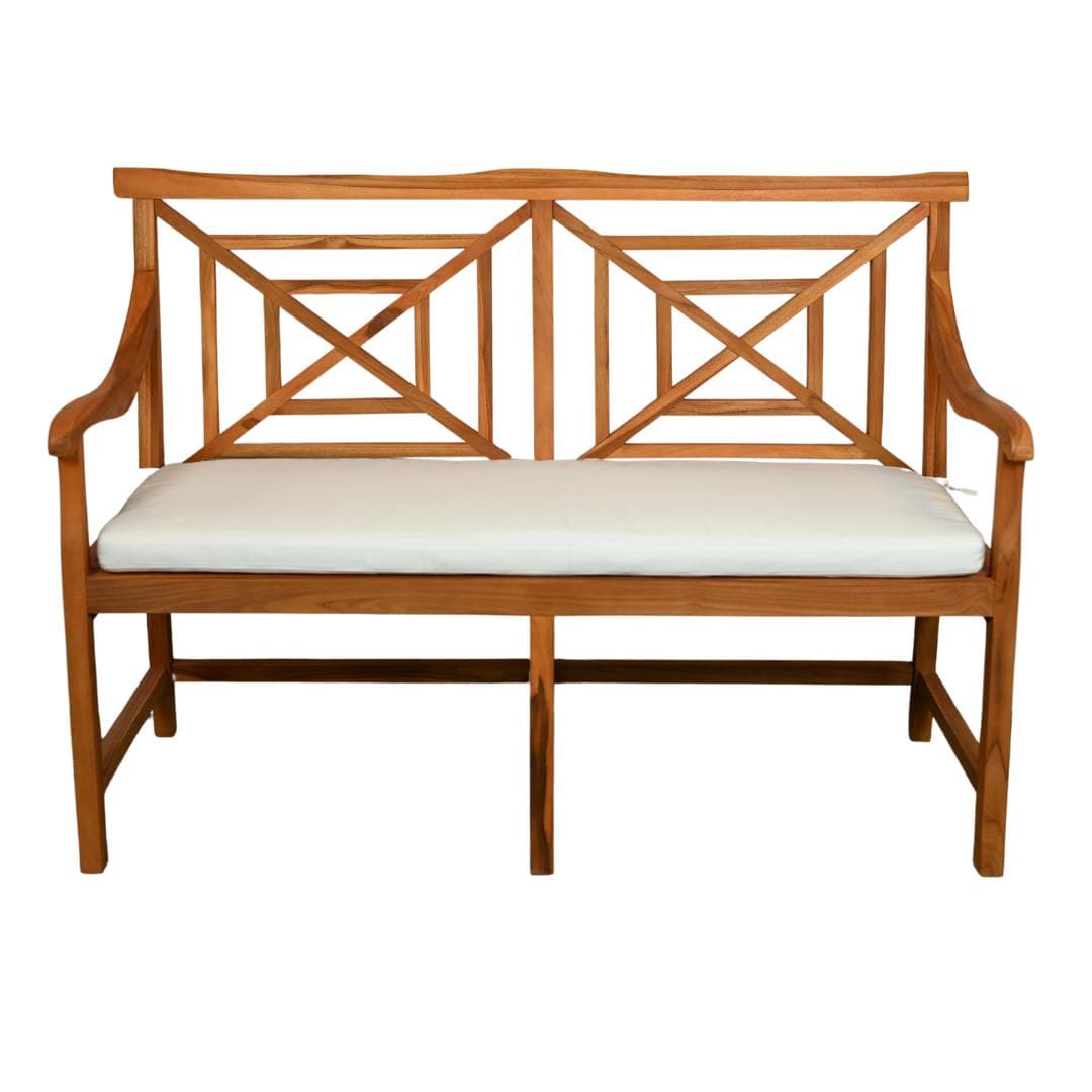 A wooden bench with a slatted backrest featuring geometric diamond patterns. The bench has a contoured seat with a thick, white cushion and curved armrests. The legs are straight and support the seat and frame. — 3D model