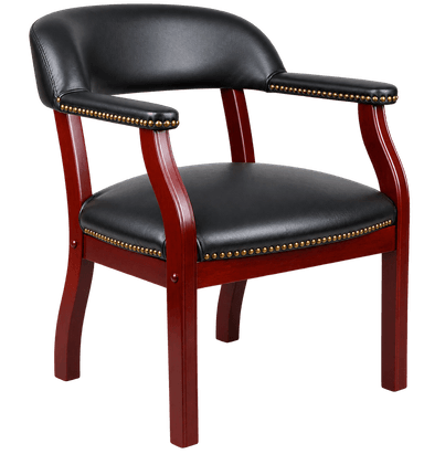 A traditional style armchair featuring a rich reddish-brown wood frame, often associated with mahogany or cherry finishes. The seat and curved backrest are upholstered in black faux leather, detailed with antique brass nailhead trim along the edges of the seat and armrests. The chair has sturdy, slightly tapered wooden legs. — 3D model