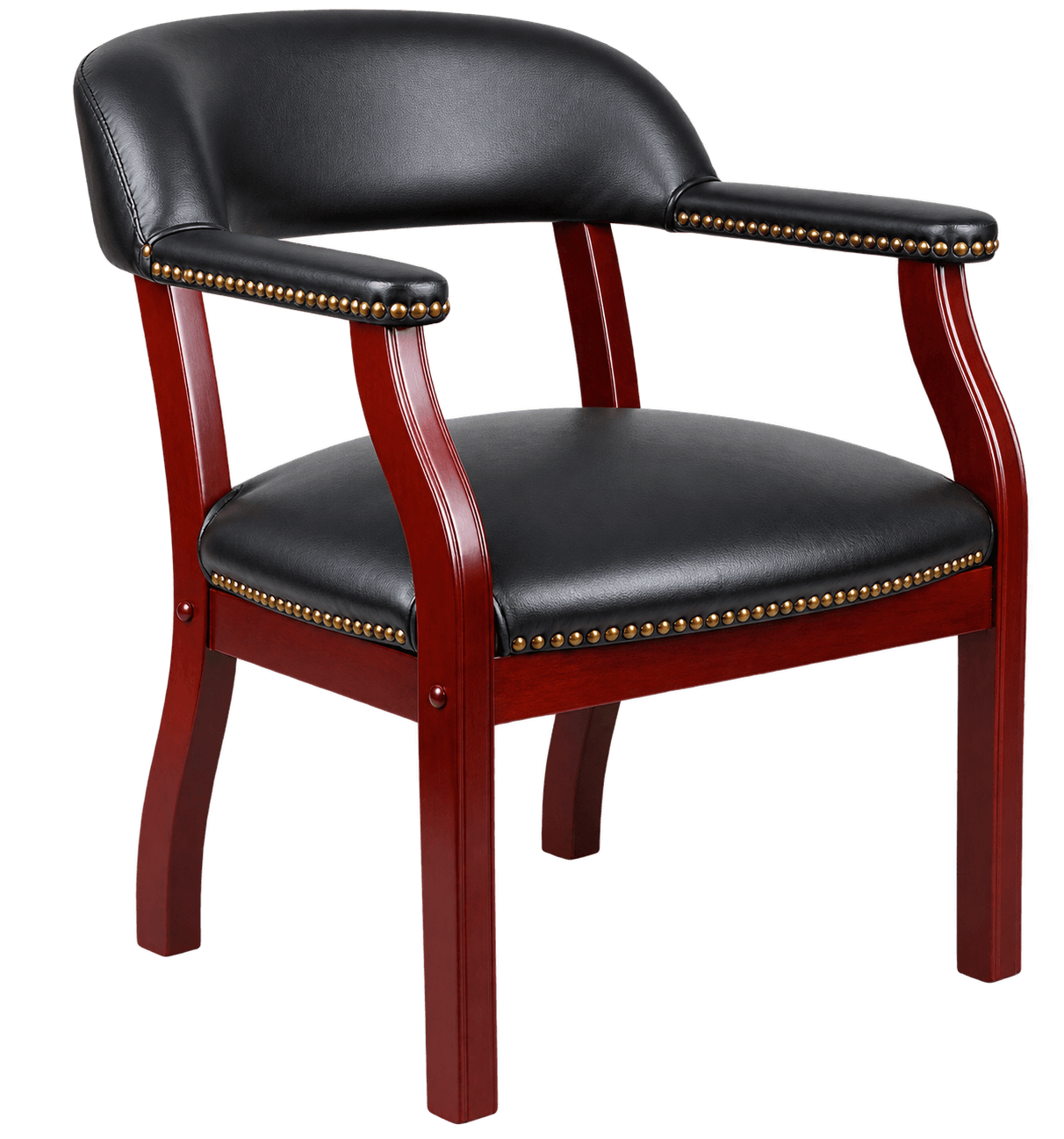 A traditional style armchair featuring a rich reddish-brown wood frame, often associated with mahogany or cherry finishes. The seat and curved backrest are upholstered in black faux leather, detailed with antique brass nailhead trim along the edges of the seat and armrests. The chair has sturdy, slightly tapered wooden legs. — 3D model