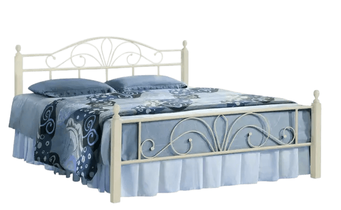 A traditional bed frame constructed from cream-colored metal, featuring intricate scrollwork designs on both the headboard and footboard. The frame includes four corner posts topped with finials. The bed is dressed with blue and gray patterned bedding and a light blue bed skirt. — 3D model
