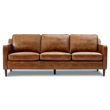 A three-seater sofa with a classic design. It features a low profile with tailored cushions and tapered wooden legs. The upholstery appears to be a distressed brown leather, giving it a vintage or rustic aesthetic. — 3D model