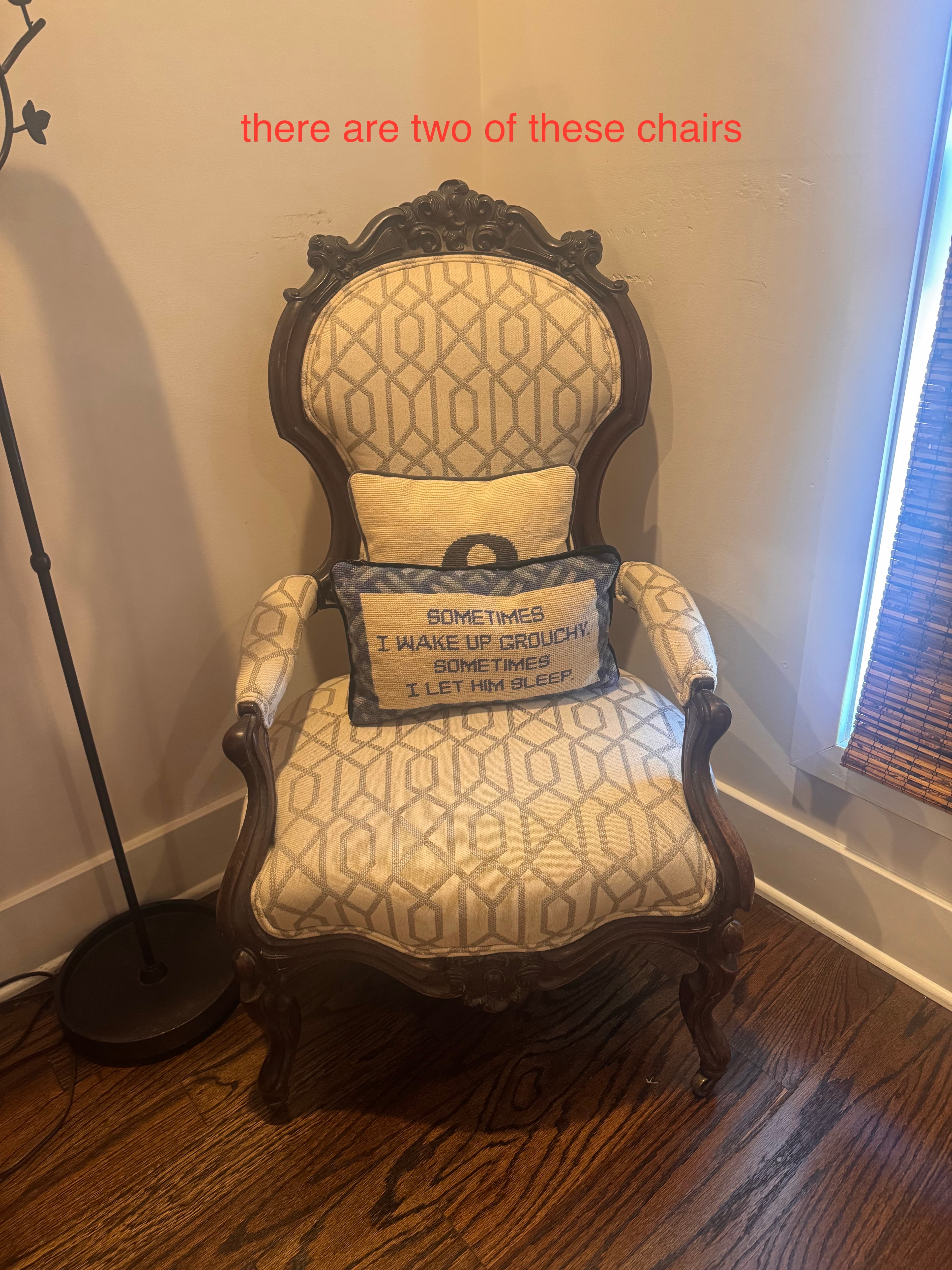 An ornate upholstered armchair featuring a dark, intricately carved wooden frame with rococo-inspired motifs on the crest rail and apron, and elegant cabriole legs. The seat, backrest, and armrests are upholstered in a light-colored fabric with a contemporary geometric pattern, primarily in cream and light grey tones. Two decorative throw pillows are placed on the seat and back. — 3D model