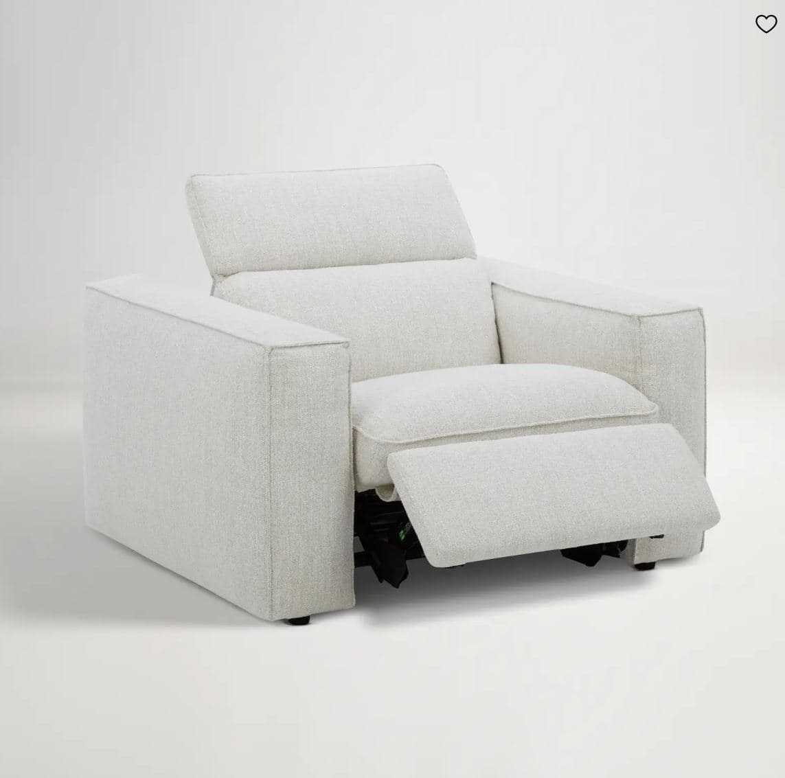 A contemporary upholstered recliner chair with a light beige, textured fabric. The chair features a boxy silhouette with wide, square arms and a visible reclining mechanism that extends a footrest. The backrest is slightly reclined and appears to have a channel-stitched detail at the top. The overall design is minimalist and modern. — 3D model