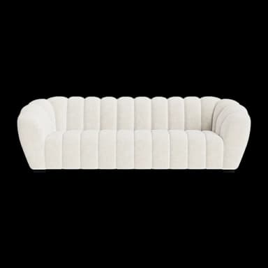 A plush, cream-colored sofa with a channel-tufted design. The sofa features rounded armrests and a continuous backrest, all upholstered in a textured fabric. It appears to be a three-seater or larger. — 3D model