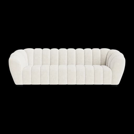 A plush, cream-colored sofa with a channel-tufted design. The sofa features rounded armrests and a continuous backrest, all upholstered in a textured fabric. It appears to be a three-seater or larger. — 3D model