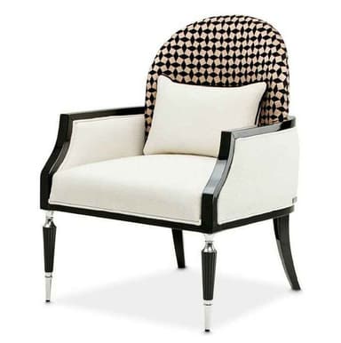 An upholstered armchair featuring a distinctive Art Deco or Hollywood Regency style. It has a curved, semicircular backrest covered in a black and cream geometric patterned fabric, contrasting with the main body upholstered in a textured cream fabric. The chair's frame, including the arms and front legs, is crafted from wood with a high-gloss black lacquer finish. The front legs are tapered and adorned with polished chrome caps, while the rear legs are plain black lacquered wood. — 3D model