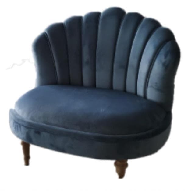 A two-seater sofa with a distinctive shell-shaped backrest. The upholstery features vertical channel tufting, creating a fan-like or scalloped effect. The seat is rounded and plush, with a low profile. The sofa is supported by four short, turned wooden legs. — 3D model