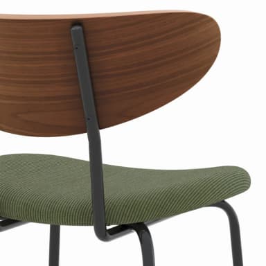 A bar stool with a curved wooden backrest and a green upholstered seat, supported by a black metal frame with footrests. — 3D model