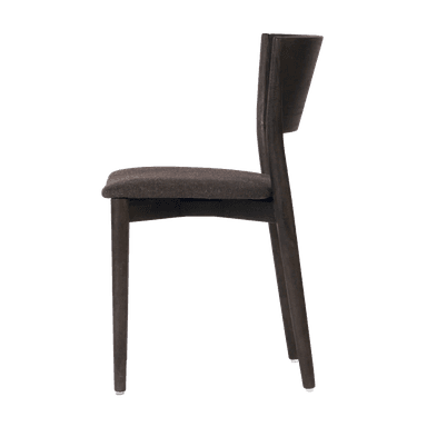 A modern dining chair featuring a dark stained wooden frame and an upholstered seat. The chair has a minimalist design with straight, slightly tapered legs and a gently curved backrest. The seat is covered in a dark, textured fabric. — 3D model